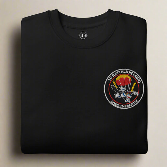 black sweatshirt embroidered with 503d infantry 2d battalion insignia.