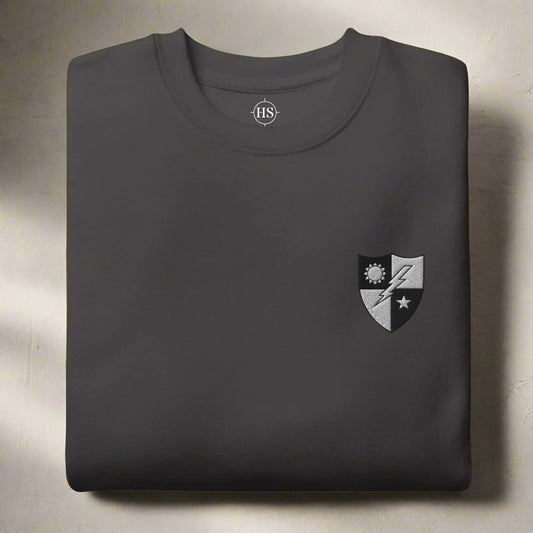 75th ranger regiment insignia embroidered on the left chest of sweatshirt