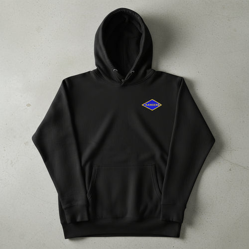 black hoodie with world war 2 blue ranger diamond on the left chest