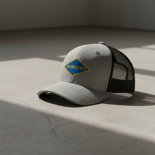 World War 2 blue ranger diamond embroidered on a snapback trucker hat.