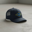 World War 2 blue ranger diamond embroidered on a snapback trucker hat.