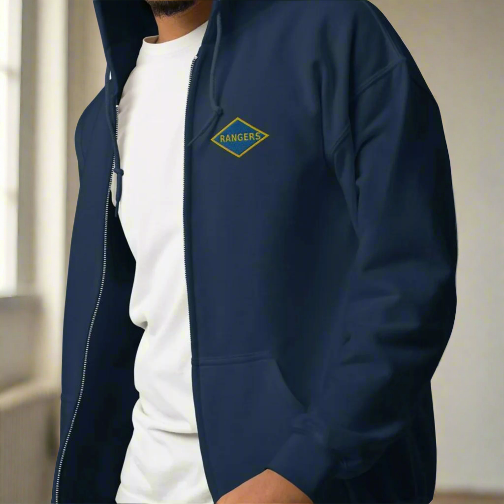 embroidered world war 2 blue ranger diamond on the left chest of a full zip hoodie.