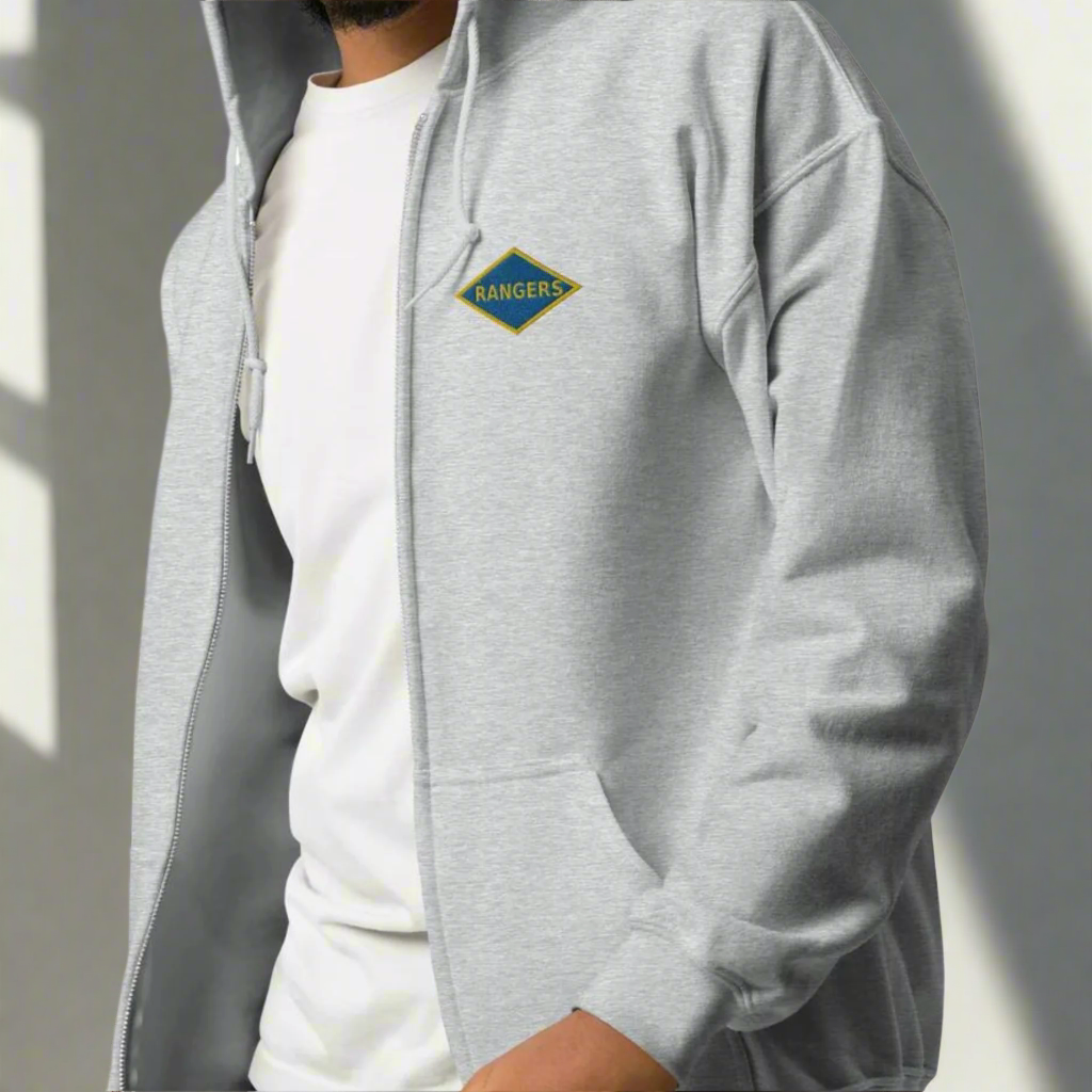 embroidered world war 2 blue ranger diamond on the left chest of a full zip hoodie.