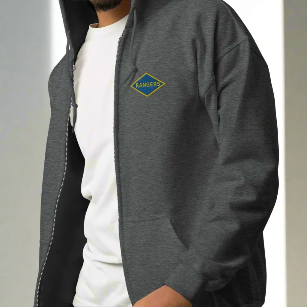 embroidered world war 2 blue ranger diamond on the left chest of a full zip hoodie.